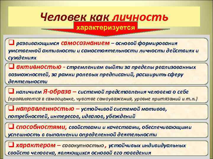 Человек как личность характеризуется q развивающимся самосознанием – основой формирования умственной активности и самостоятельности