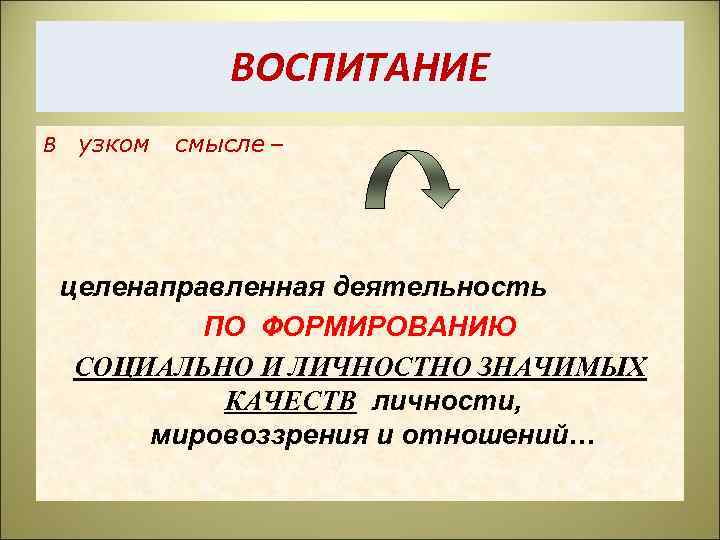 ВОСПИТАНИЕ В узком смысле – целенаправленная деятельность ПО ФОРМИРОВАНИЮ СОЦИАЛЬНО И ЛИЧНОСТНО ЗНАЧИМЫХ КАЧЕСТВ