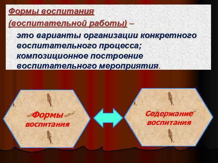 Формы воспитания (воспитательной работы) – это варианты организации конкретного воспитательного процесса; композиционное построение воспитательного