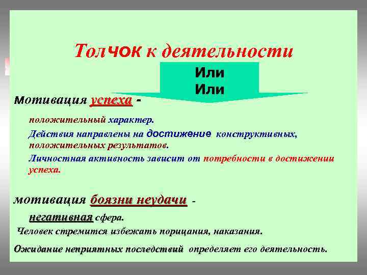 Толчок к деятельности мотивация успеха - Или положительный характер. Действия направлены на достижение конструктивных,