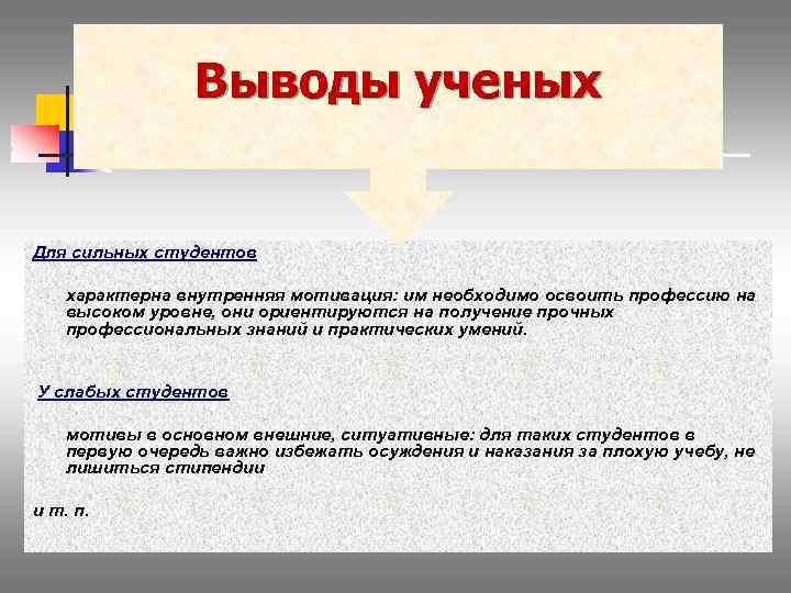 Выводы ученых Для сильных студентов характерна внутренняя мотивация: им необходимо освоить профессию на высоком