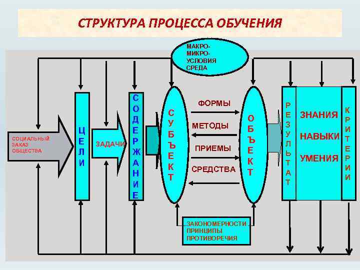 СТРУКТУРА ПРОЦЕССА ОБУЧЕНИЯ МАКРОМИКРОУСЛОВИЯ СРЕДА СОЦИАЛЬНЫЙ ЗАКАЗ ОБЩЕСТВА Ц Е Л И ЗАДАЧИ С