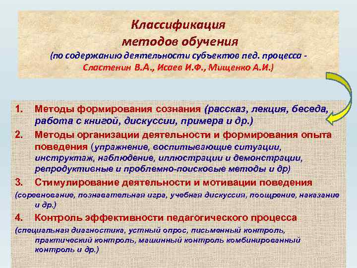 Классификация обучения. Педагогический процесс по Сластенину. Методы обучения по Сластенину. Классификация пед процессов. Классификация педагогических методов.