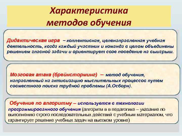 Характеристика методов обучения Дидактическая игра – коллективная, целенаправленная учебная деятельность, когда каждый участник и