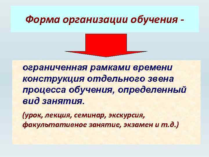 Форма организации обучения - ограниченная рамками времени конструкция отдельного звена процесса обучения, определенный вид