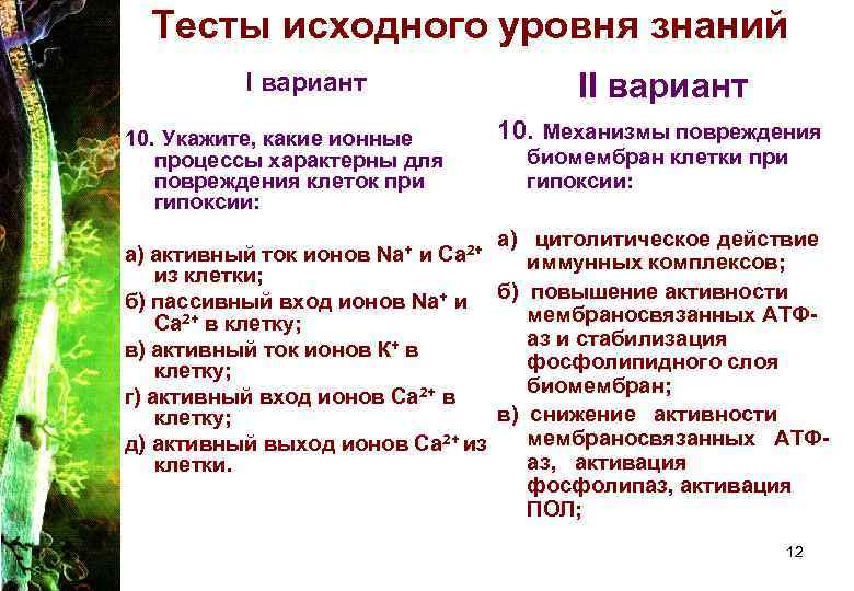 Тесты исходного уровня знаний I вариант 10. Укажите, какие ионные процессы характерны для повреждения