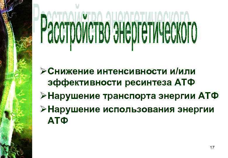 Ø Снижение интенсивности и/или эффективности ресинтеза АТФ Ø Нарушение транспорта энергии АТФ Ø Нарушение