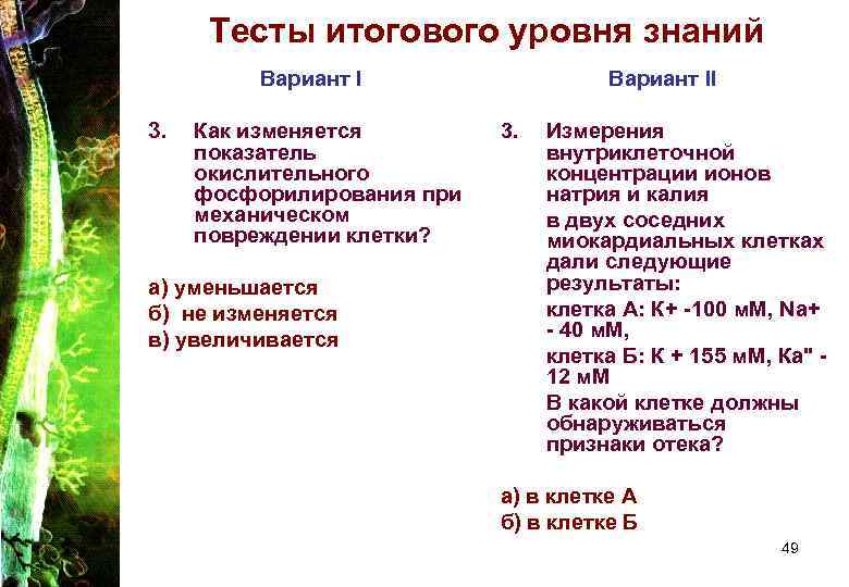 Тесты итогового уровня знаний Вариант I 3. Как изменяется показатель окислительного фосфорилирования при механическом