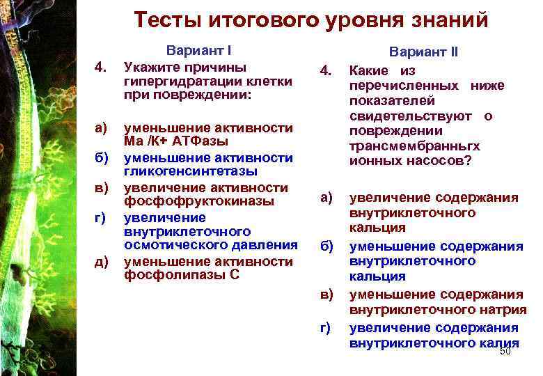 Тесты итогового уровня знаний 4. а) б) в) г) д) Вариант I Укажите причины