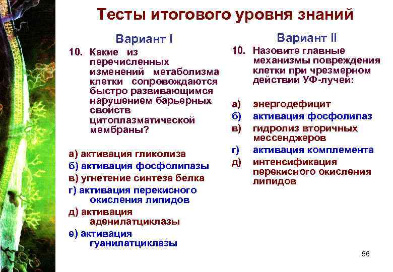 Тесты итогового уровня знаний Вариант II 10. Какие из перечисленных изменений метаболизма клетки сопровождаются