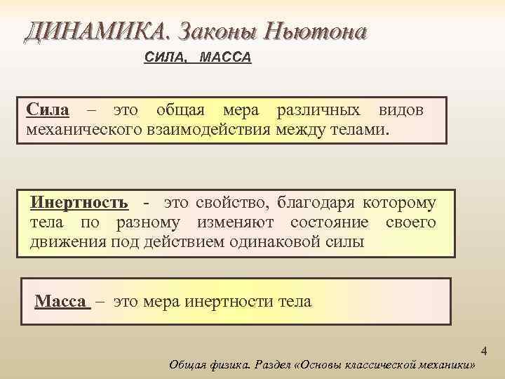 ДИНАМИКА. Законы Ньютона СИЛА, МАССА Сила – это общая мера различных видов механического взаимодействия