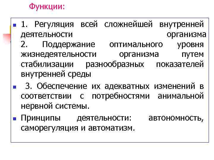 Функции: n n n 1. Регуляция всей сложнейшей внутренней деятельности организма 2. Поддержание оптимального