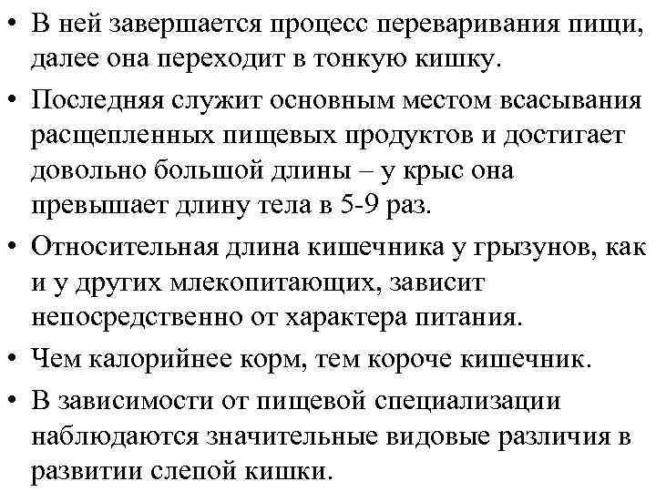  • В ней завершается процесс переваривания пищи, далее она переходит в тонкую кишку.
