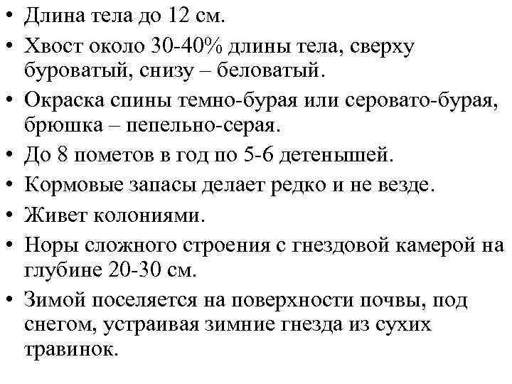  • Длина тела до 12 см. • Хвост около 30 -40% длины тела,
