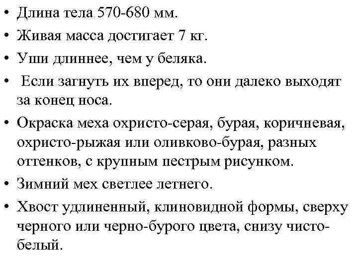 • • Длина тела 570 -680 мм. Живая масса достигает 7 кг. Уши