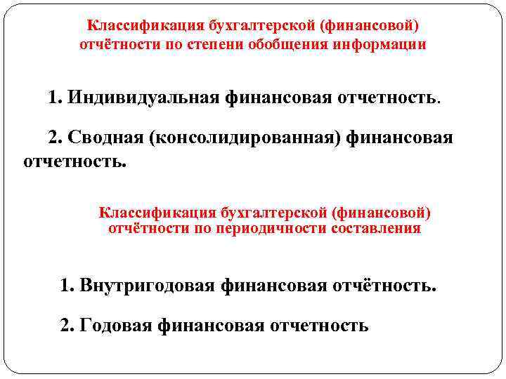 Классификация бухгалтерской (финансовой) отчётности по степени обобщения информации 1. Индивидуальная финансовая отчетность. 2. Сводная