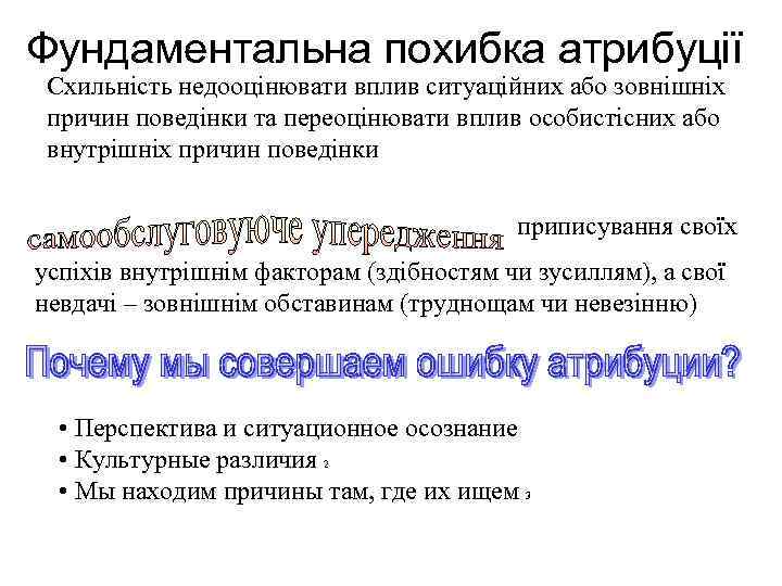 Фундаментальна похибка атрибуції Схильність недооцінювати вплив ситуаційних або зовнішніх причин поведінки та переоцінювати вплив