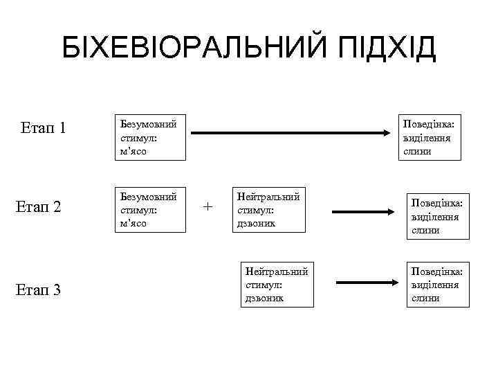 БІХЕВІОРАЛЬНИЙ ПІДХІД Етап 1 Етап 2 Етап 3 Безумовний стимул: м’ясо Поведінка: виділення слини