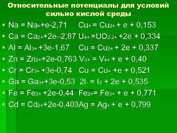 Относительные потенциалы для условий сильно кислой среды § § § § Na = Na++e-2,