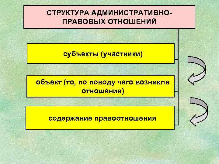 СТРУКТУРА АДМИНИСТРАТИВНОПРАВОВЫХ ОТНОШЕНИЙ субъекты (участники) объект (то, по поводу чего возникли отношения) содержание правоотношения