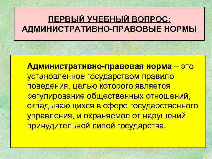 ПЕРВЫЙ УЧЕБНЫЙ ВОПРОС: АДМИНИСТРАТИВНО-ПРАВОВЫЕ НОРМЫ Административно-правовая норма – это установленное государством правило поведения, целью