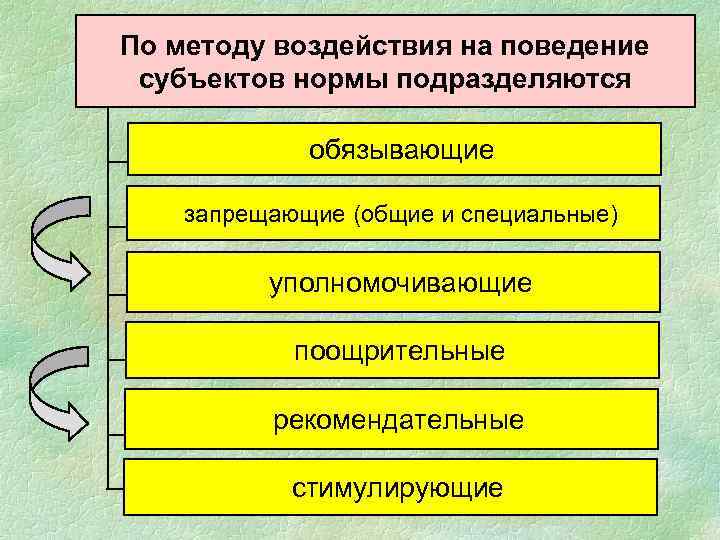 По методу воздействия на поведение субъектов нормы подразделяются обязывающие запрещающие (общие и специальные) уполномочивающие