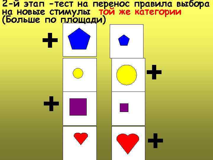 2 -й этап -тест на перенос правила выбора на новые стимулы той же категории