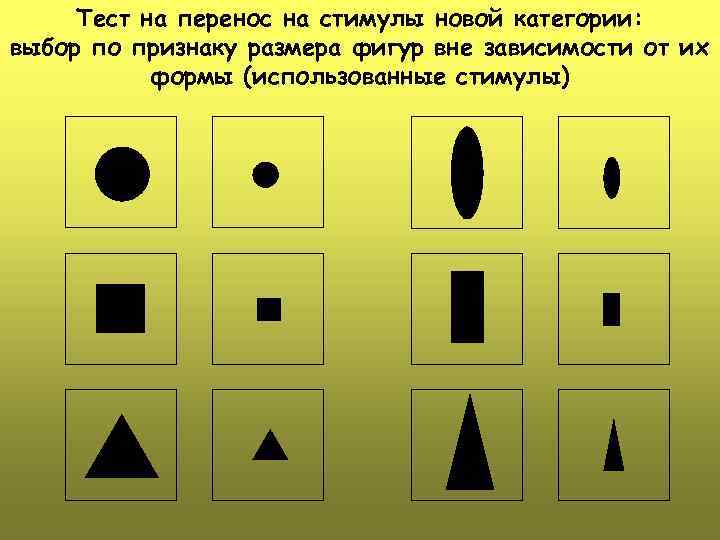 Тест на перенос на стимулы новой категории: выбор по признаку размера фигур вне зависимости