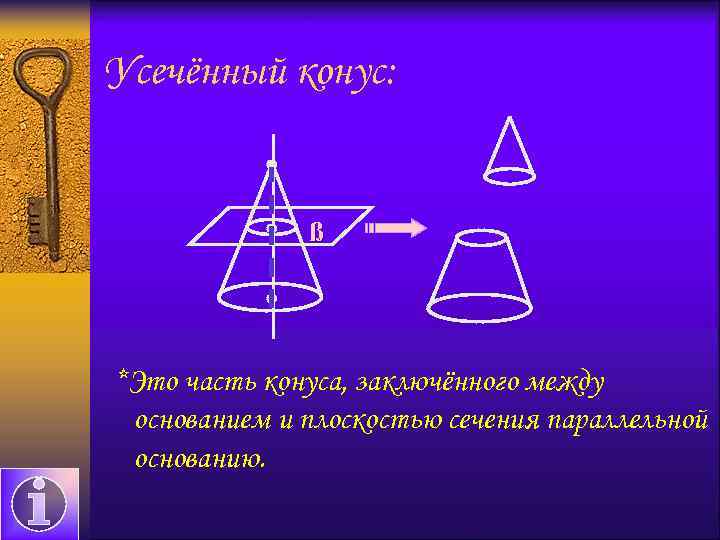 Усечённый конус: ß *Это часть конуса, заключённого между основанием и плоскостью сечения параллельной основанию.