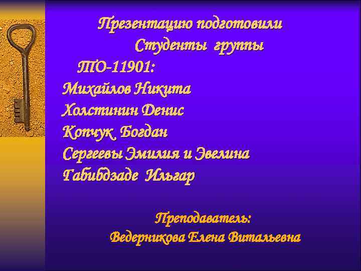Презентацию подготовили Студенты группы ТО-11901: Михайлов Никита Холстинин Денис Копчук Богдан Сергеевы Эмилия и