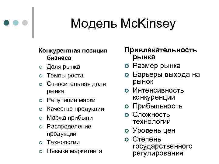 Модель Mc. Kinsey Конкурентная позиция бизнеса ¢ Доля рынка ¢ Темпы роста ¢ Относительная