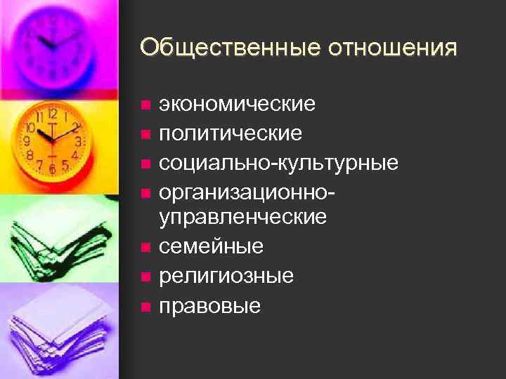 Общественные отношения n n n n экономические политические социально-культурные организационноуправленческие семейные религиозные правовые 