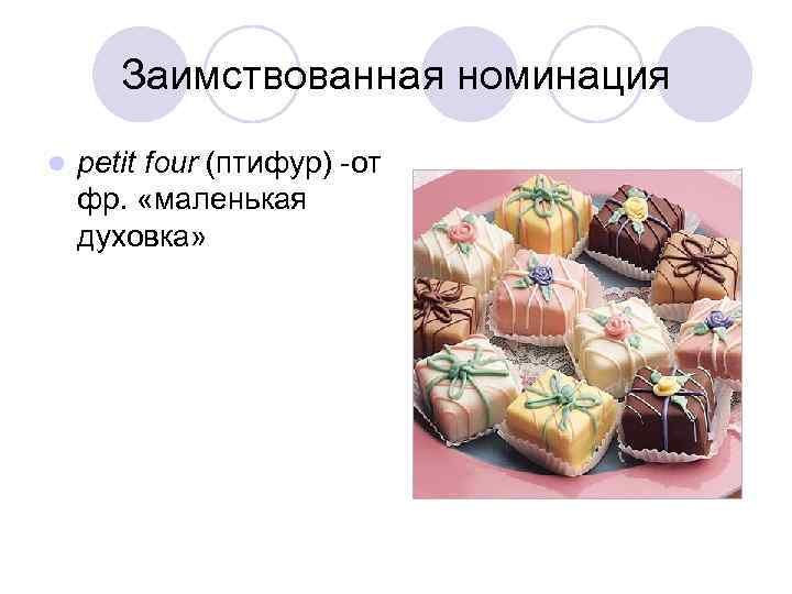 Заимствованная номинация l petit four (птифур) -от фр. «маленькая духовка» 