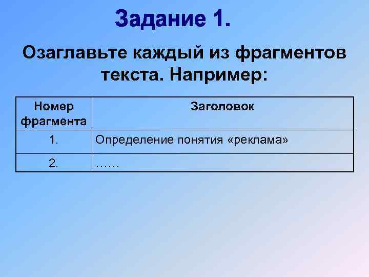 Озаглавьте каждый из фрагментов текста. Например: Номер фрагмента Заголовок 1. Определение понятия «реклама» 2.