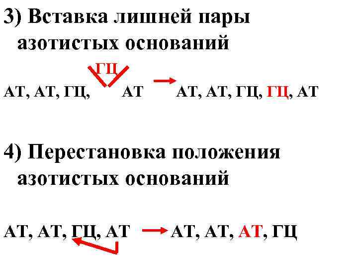 3) Вставка лишней пары азотистых оснований ГЦ АТ, ГЦ, АТ АТ, ГЦ, АТ 4)