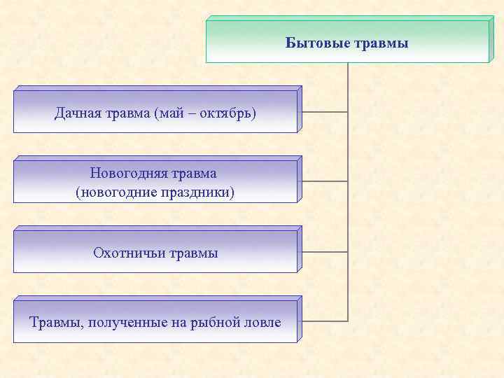Бытовые травмы Дачная травма (май – октябрь) Новогодняя травма (новогодние праздники) Охотничьи травмы Травмы,