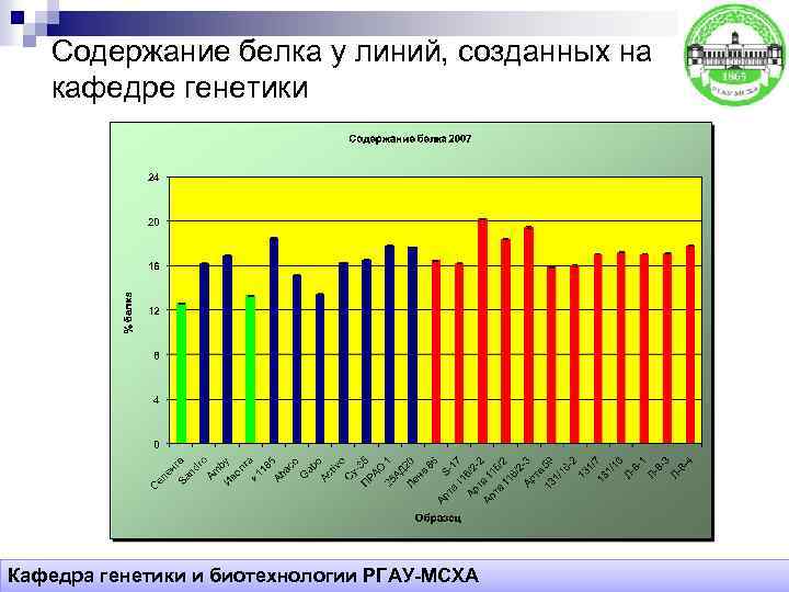 Содержание белка у линий, созданных на кафедре генетики Кафедра генетики и биотехнологии РГАУ-МСХА 