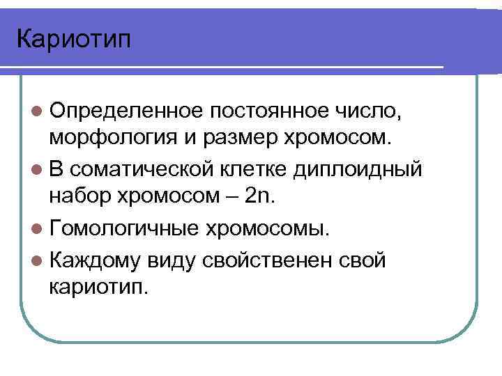Кариотип l Определенное постоянное число, морфология и размер хромосом. l В соматической клетке диплоидный