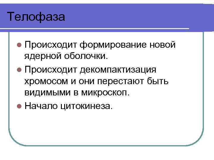 Телофаза l Происходит формирование новой ядерной оболочки. l Происходит декомпактизация хромосом и они перестают