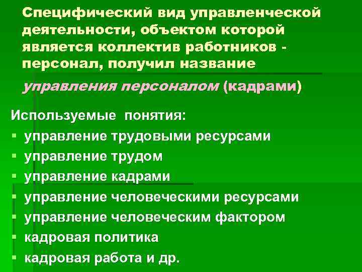 Специфический вид управленческой деятельности, объектом которой является коллектив работников персонал, получил название управления персоналом