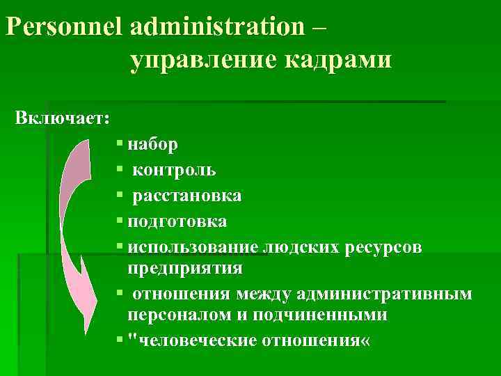 Рersonnel administration – управление кадрами Включает: § набор § контроль § расстановка § подготовка
