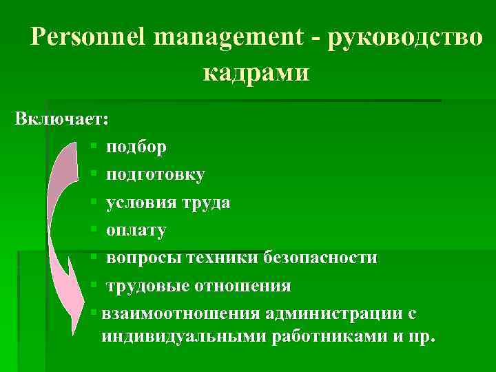 Рersonnel management - руководство кадрами Включает: § подбор § подготовку § условия труда §