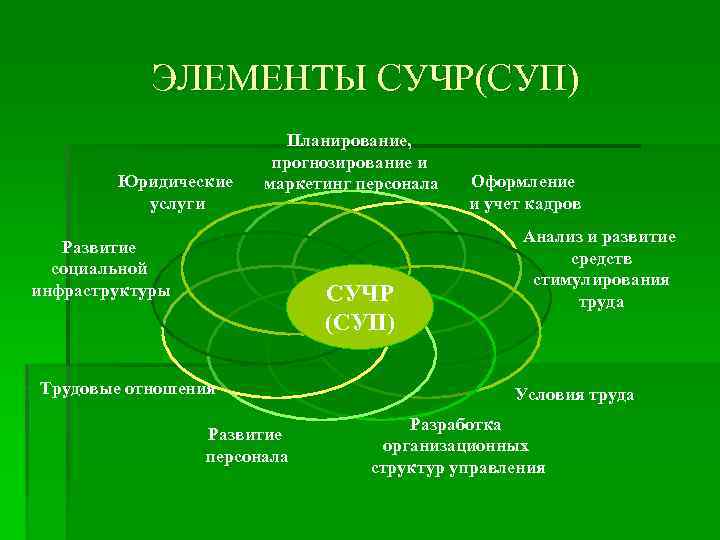 ЭЛЕМЕНТЫ СУЧР(СУП) Юридические услуги Планирование, прогнозирование и маркетинг персонала Развитие социальной инфраструктуры СУЧР (СУП)
