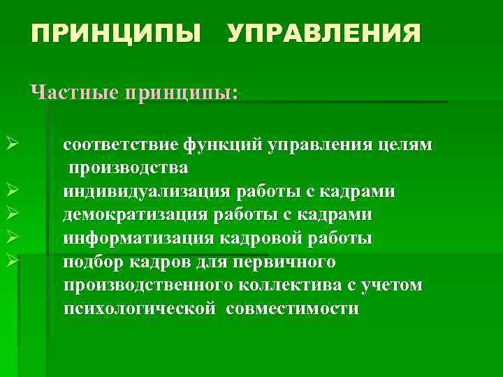 ПРИНЦИПЫ УПРАВЛЕНИЯ Частные принципы: Ø Ø Ø соответствие функций управления целям производства индивидуализация работы