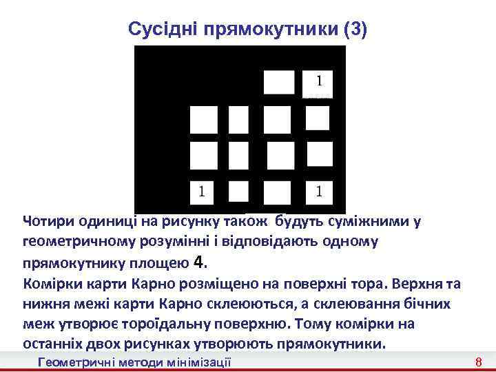 Cусідні прямокутники (3) Чотири одиниці на рисунку також будуть суміжними у геометричному розумінні і