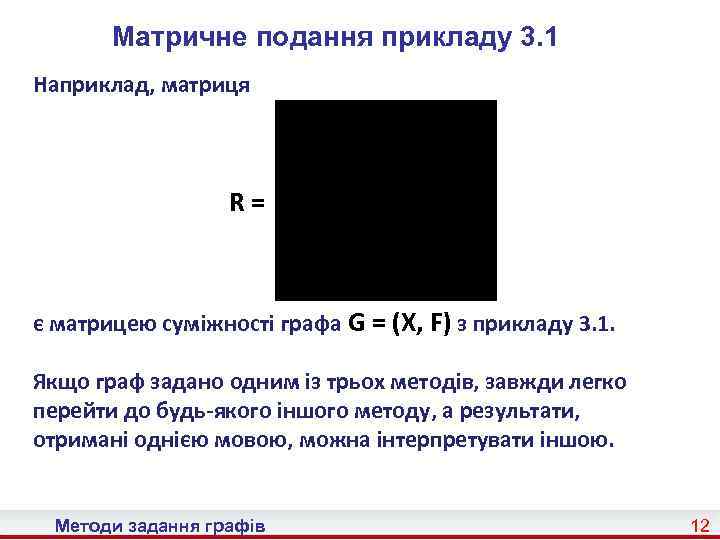 Матричне подання прикладу 3. 1 Наприклад, матриця R = є матрицею суміжності графа G