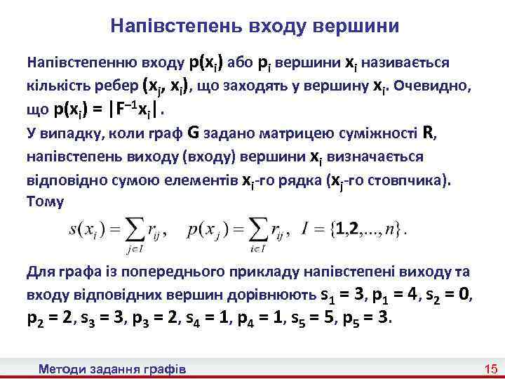Напівстепень входу вершини Напівстепенню входу p(xi) або pi вершини xi називається кількість ребер (xj,