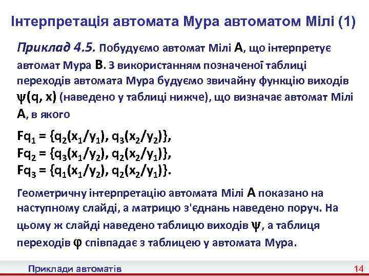 Інтерпретація автомата Мура автоматом Мілі (1) Приклад 4. 5. Побудуємо автомат Мілі A, що