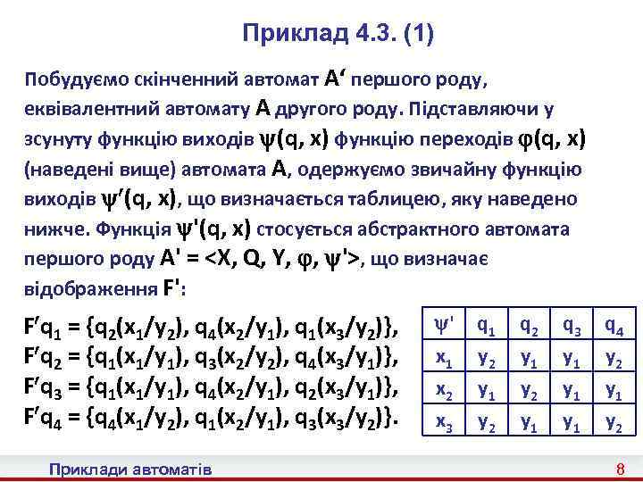 Приклад 4. 3. (1) Побудуємо скінченний автомат A‘ першого роду, еквівалентний автомату A другого