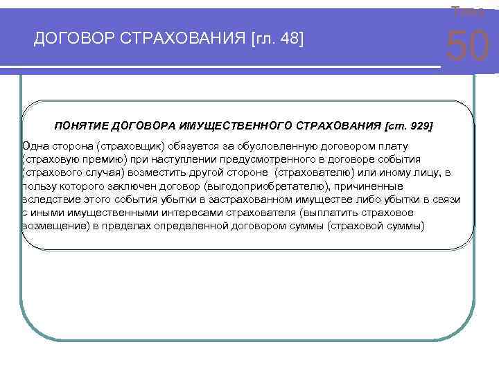 Тема ДОГОВОР СТРАХОВАНИЯ [гл. 48] 50 ПОНЯТИЕ ДОГОВОРА ИМУЩЕСТВЕННОГО СТРАХОВАНИЯ [ст. 929] Одна сторона